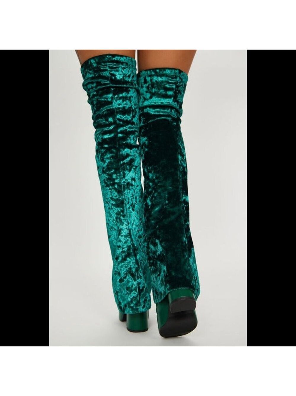 Good Will Unique Thigh High Emerald Velvet Fold over Chunky Heel Platform Boots - Picture 5 of 15